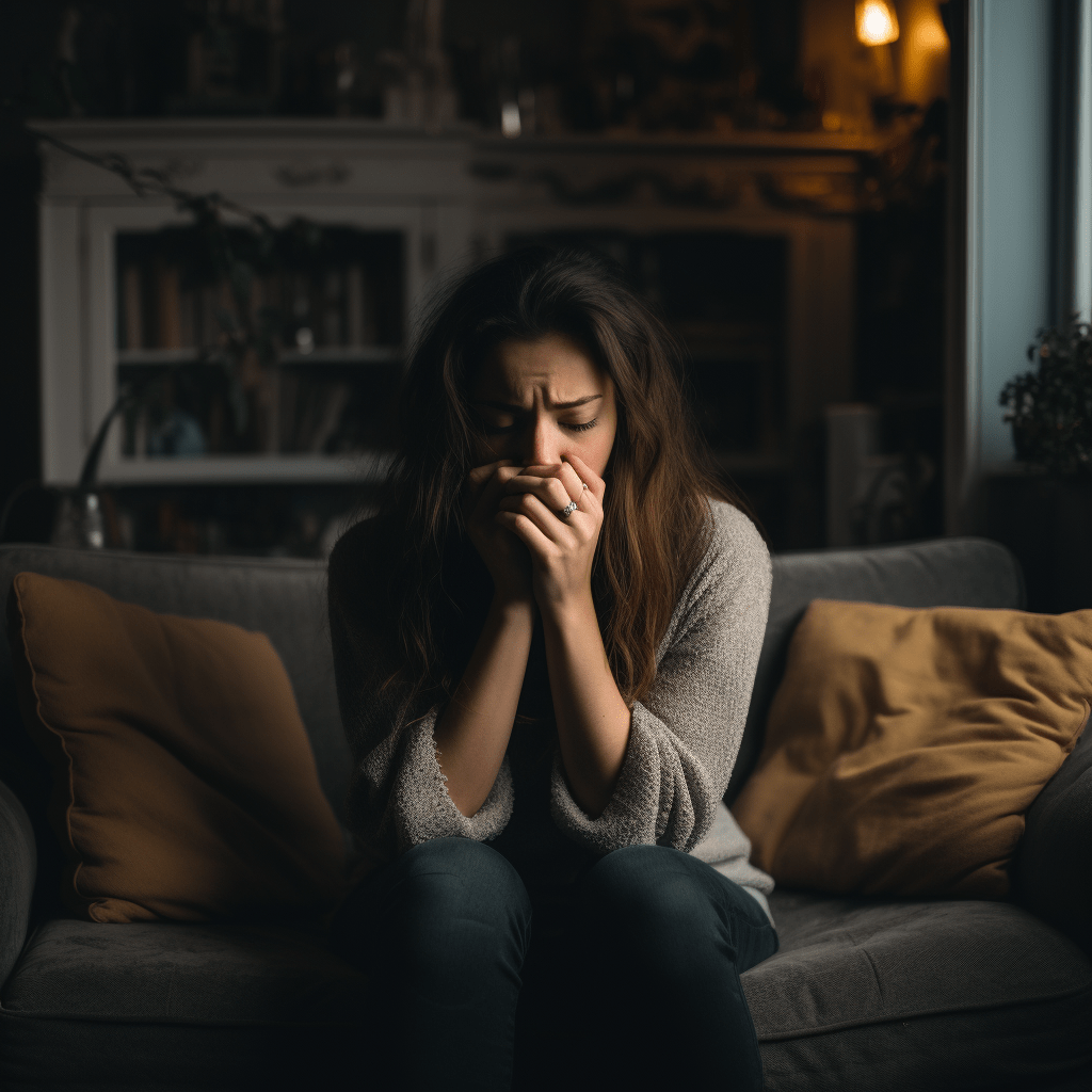 mulher jovem no sofá com enxaqueca